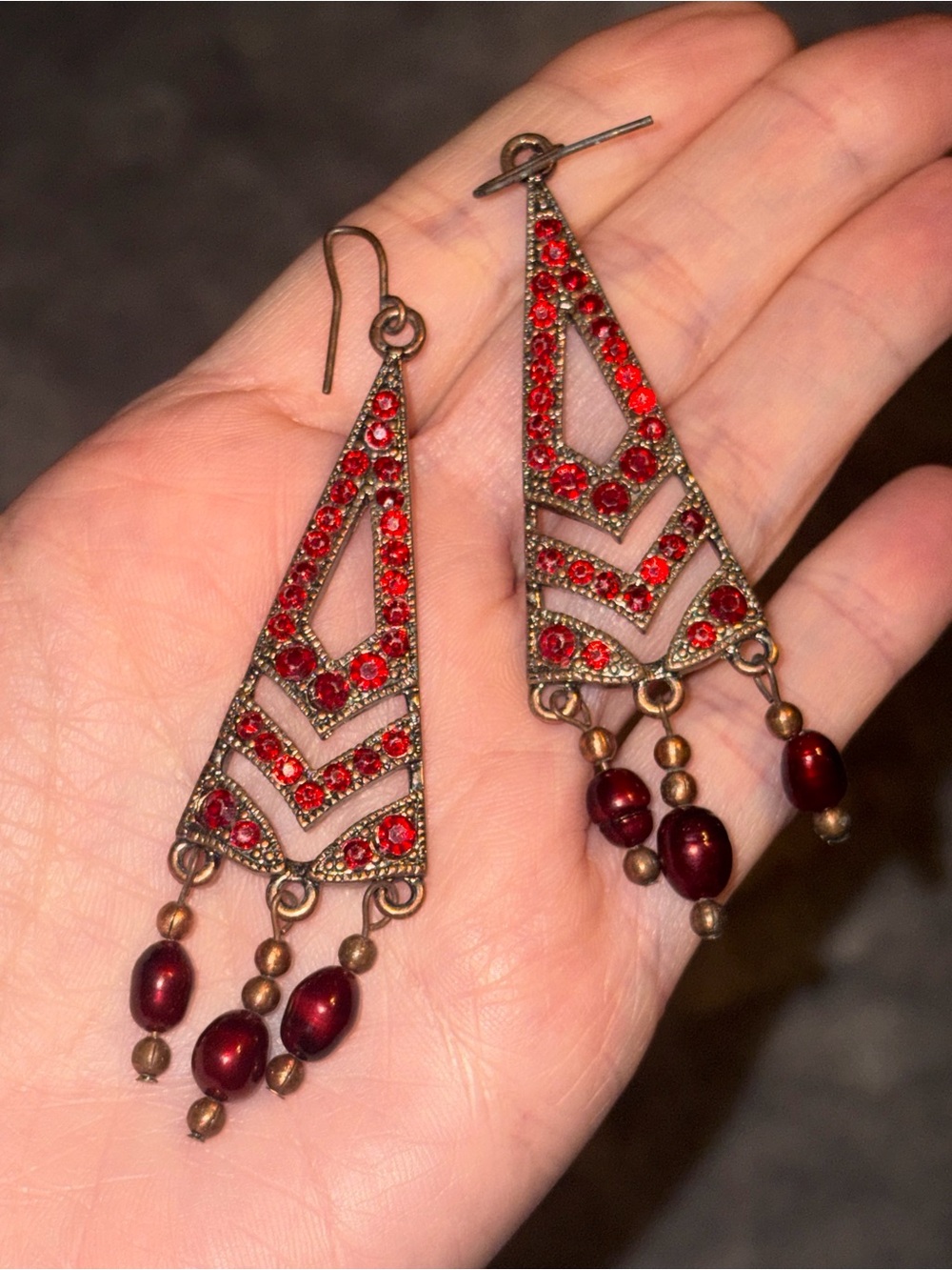Red Rhinestone Long Dangle Earrings Bronze Tone Geometric Boho Gothic 2010s